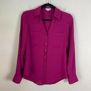 Express Shirt Womens XS Fuchsia Button Up Blouse Roll Tab Sleeve Top